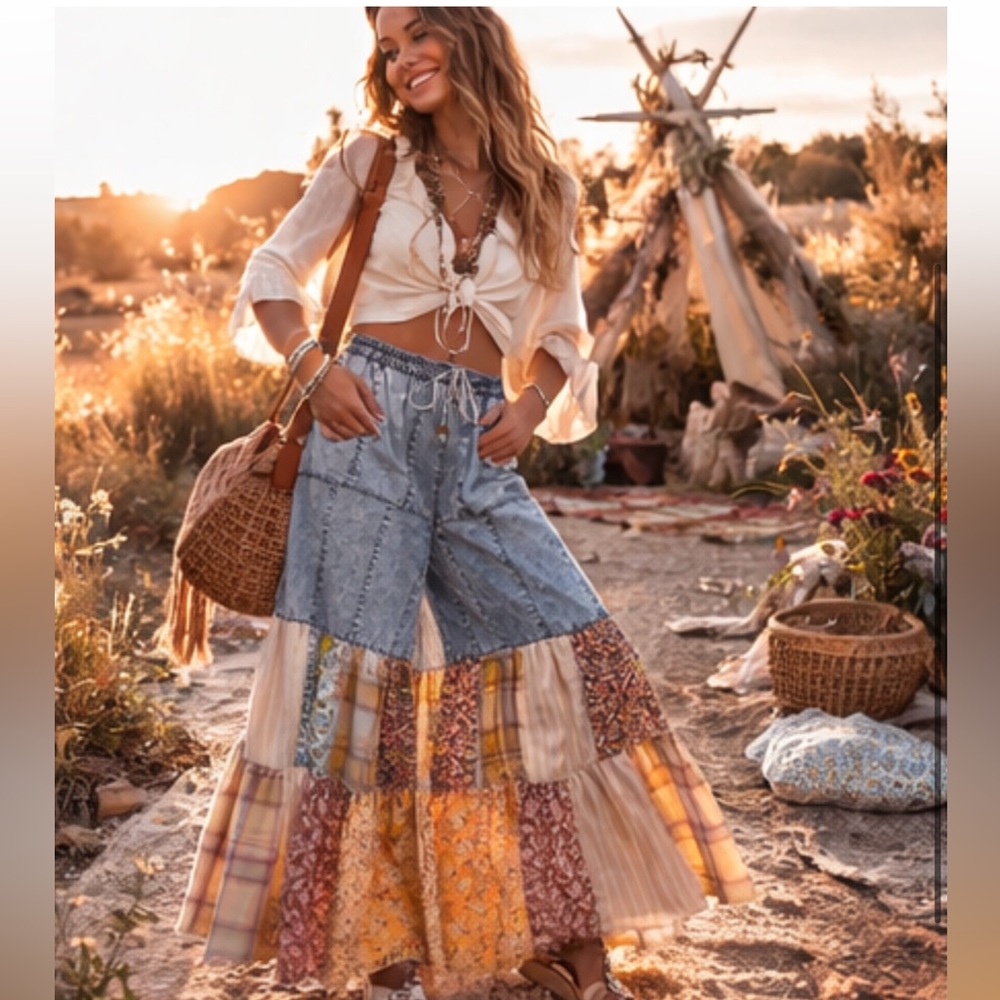 🆕 BlueVelvet Mix N Match Tiered Wide Leg Pants in Denim size Small